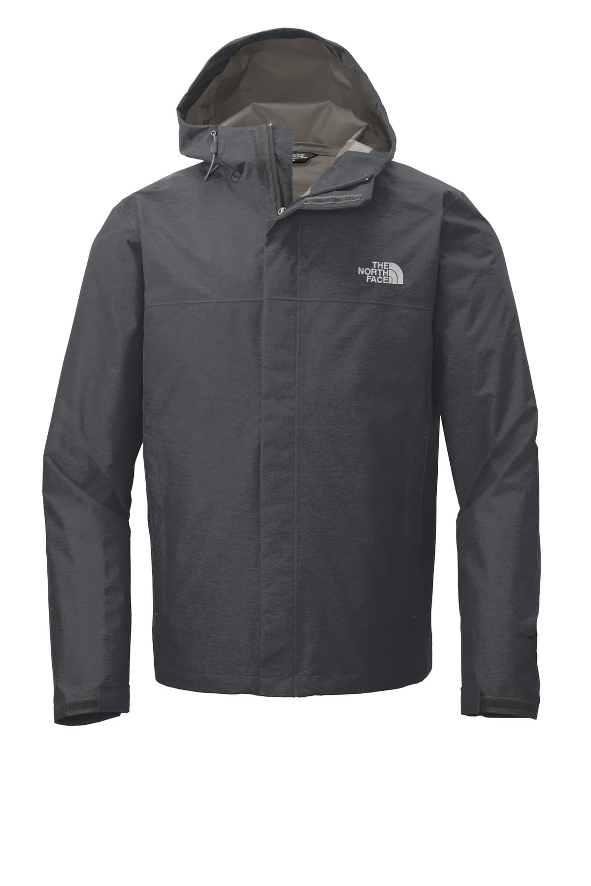 FLG Navy 2031 TNF Dk Grey He The North Face DryVent Rain Jacket, with the AAA Arched Collegiate design, front view