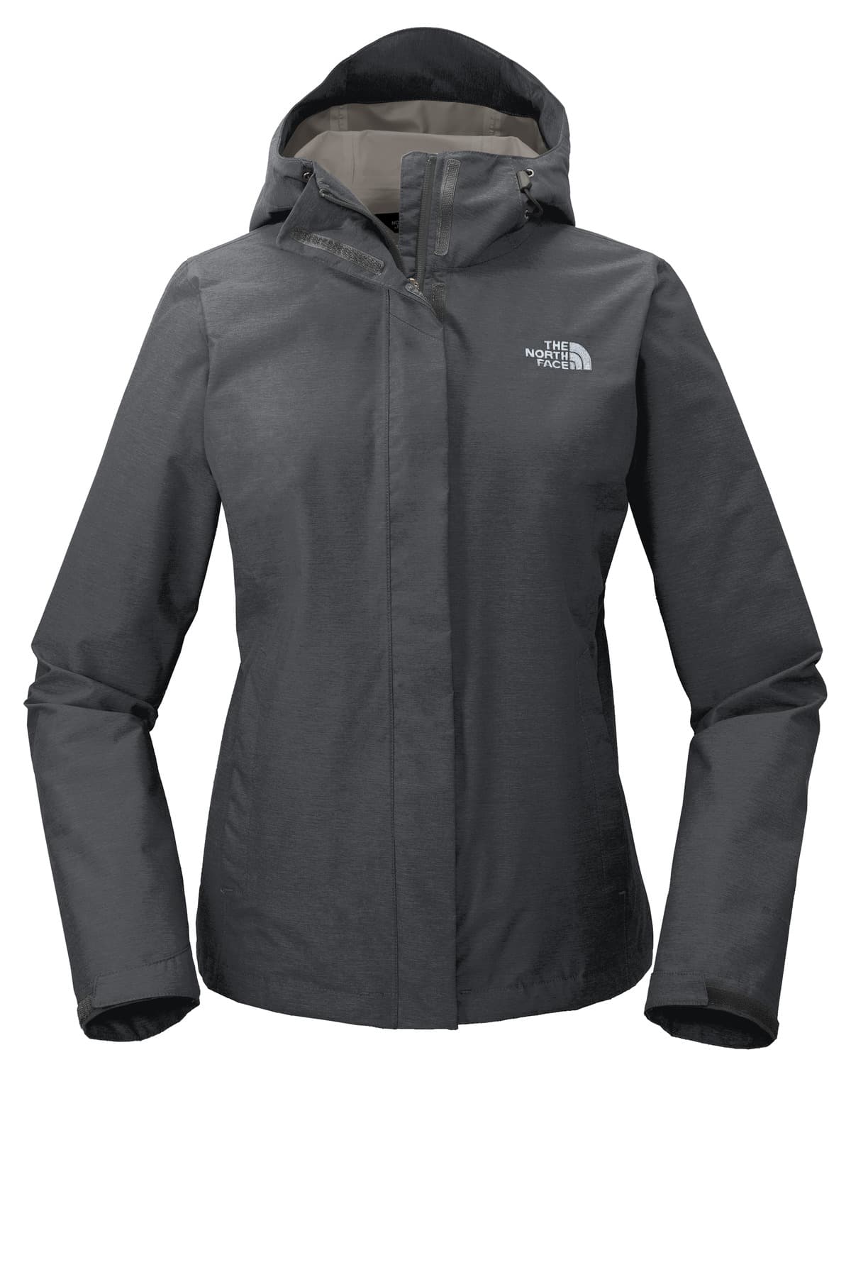 FLG Navy 2031 TNF Dk Grey He The North Face Women's DryVent Rain Jacket, with the AAA Arched Collegiate design, front view