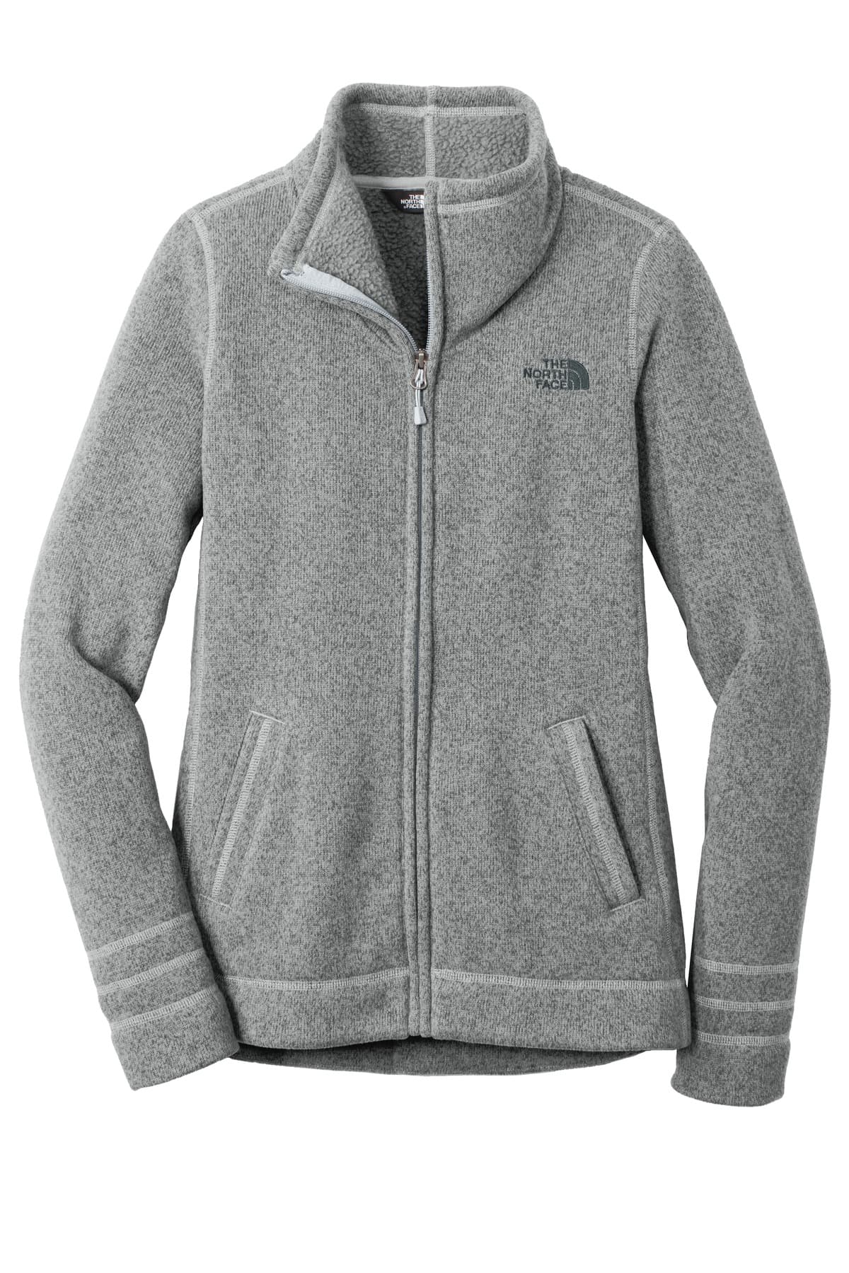 FLG Navy 2031 TNF Med Gry He The North Face Women's Sweater Fleece Jacket, with the AAA Arched Collegiate design, front view