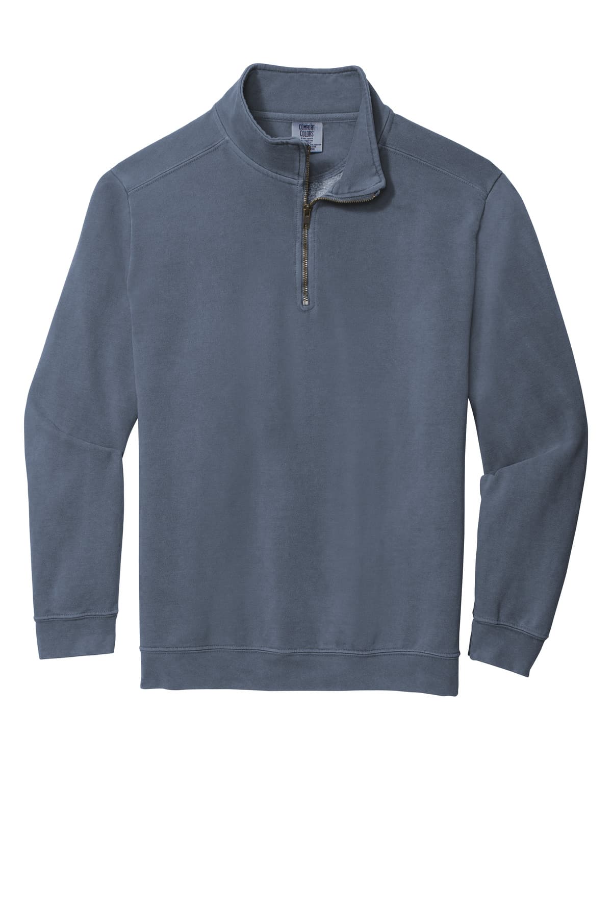 FLG Lacrosse Blue Jean COMFORT COLORS Ring Spun 1/4-Zip Sweatshirt, with the Block Lacrosse Be Your R Best Stacked — Carolina & Navy design, on the left chest, front view