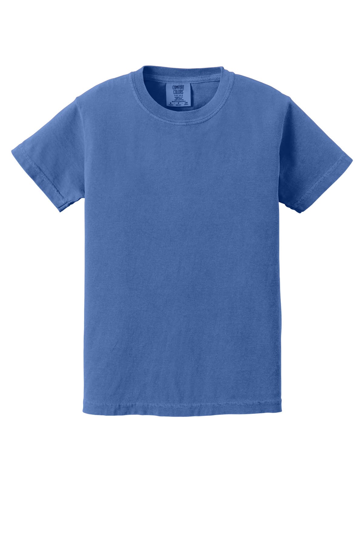 FLG Lacrosse Flo Blue COMFORT COLORS Youth Heavyweight Ring Spun Tee, with the Block Be You — Navy & White design, on the full chest, front view
