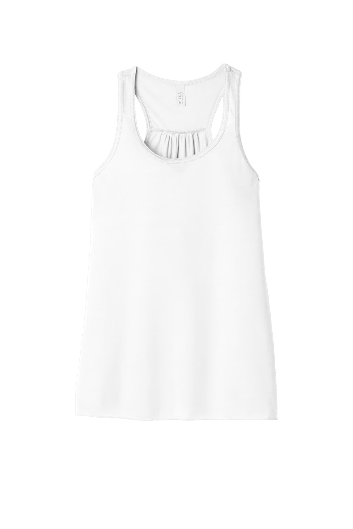 FLG Navy 2031 White BELLA+CANVAS Women's Flowy Racerback Tank, with the AAA Arched Collegiate design, on the full front, front view