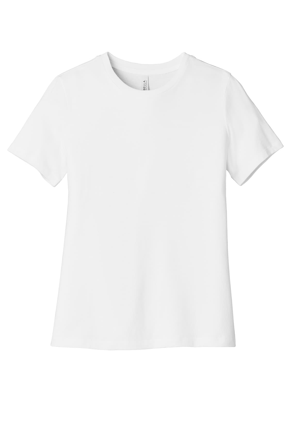 FLG Navy 2031 White BELLA+CANVAS Women's Relaxed Jersey Short Sleeve Tee, with the AAA Arched Collegiate design, on the full chest, front view