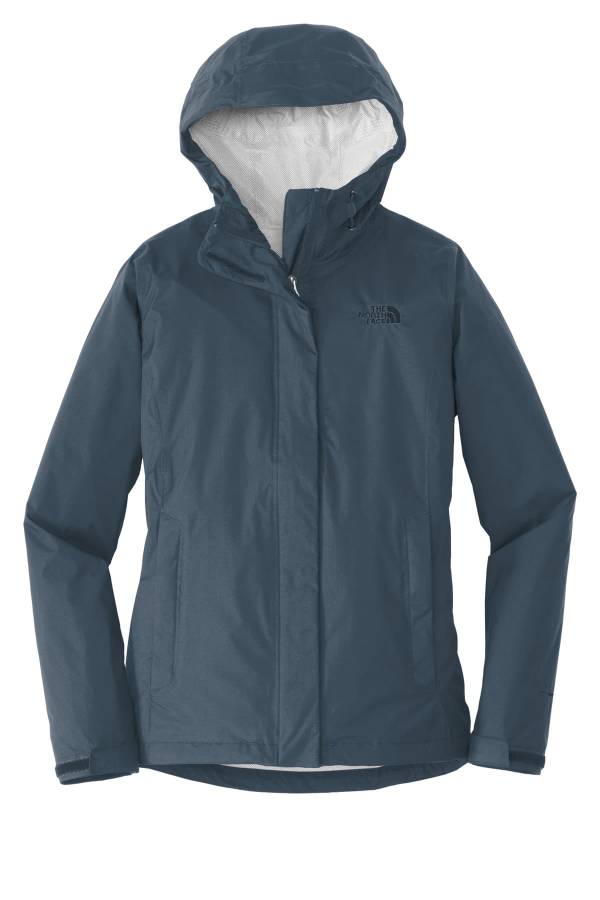 FLG Lacrosse Shady Blue The North Face Women's DryVent Rain Jacket, with the Love of the Game Badge — Navy design, on the left chest, front view