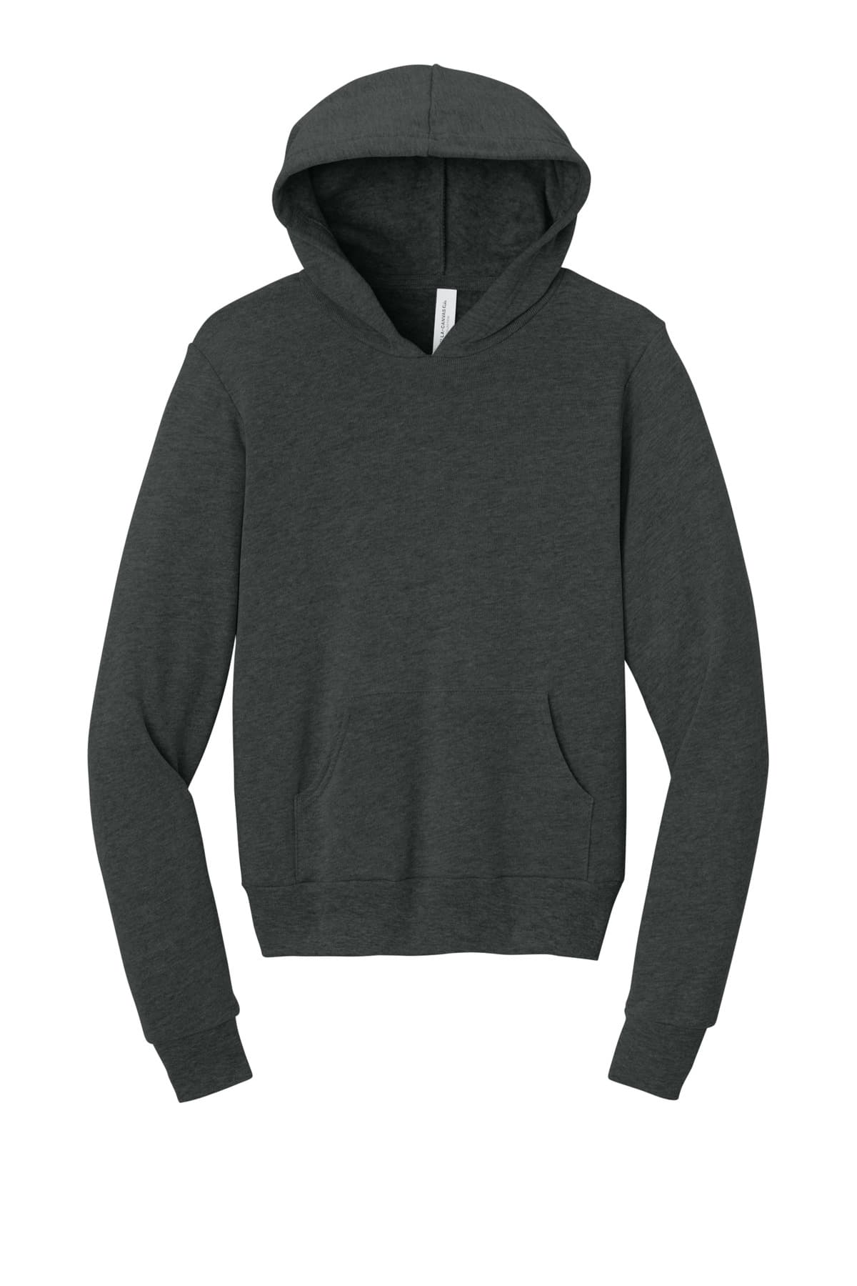 FLG Lacrosse Dark Grey Ht BELLA+CANVAS Youth Sponge Fleece Pullover Hoodie, with the Script Lacrosse Be You R Best — Carolina & Navy design, on the full front, front view