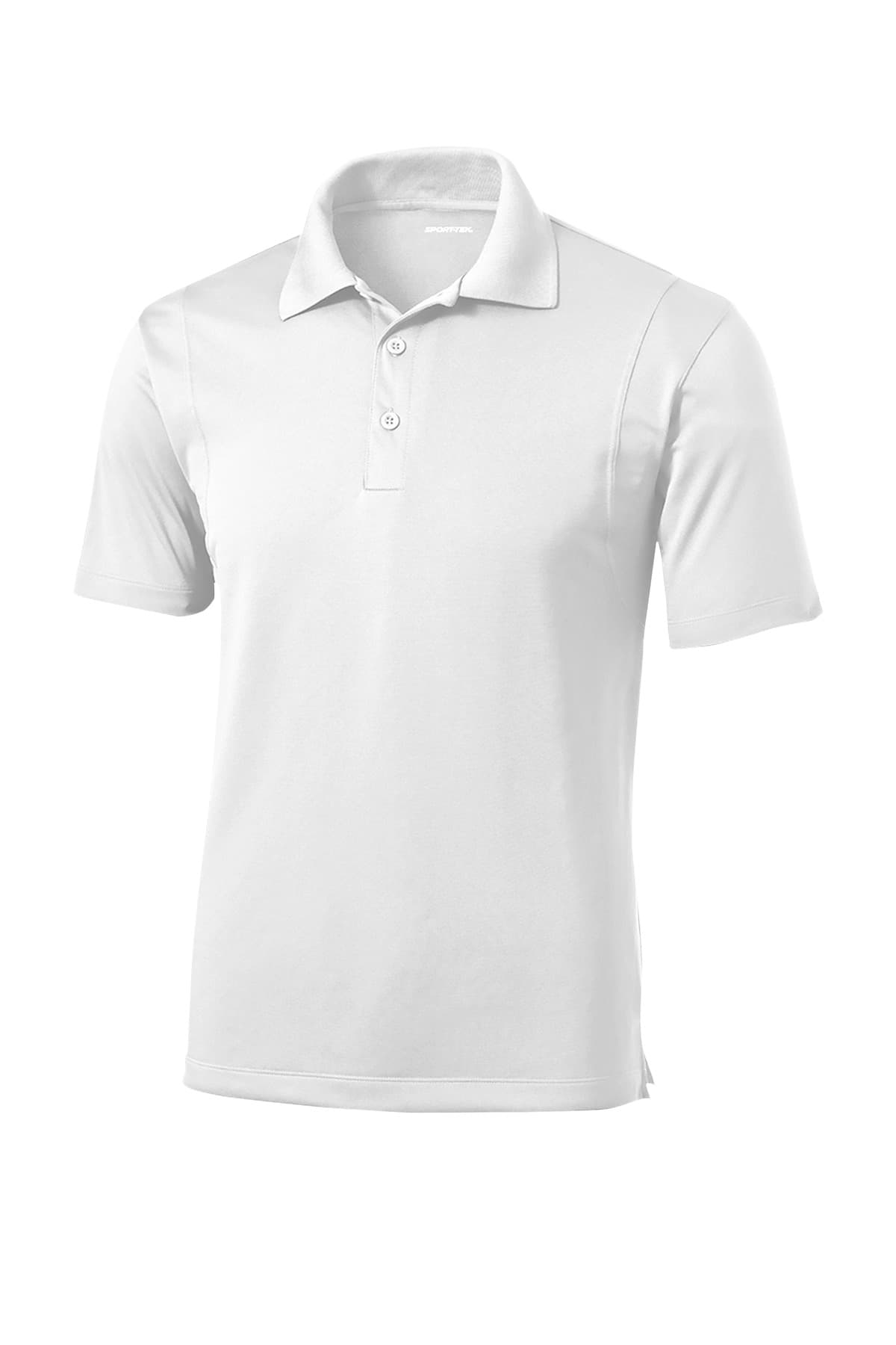 FLG Navy 2031 White Sport-Tek Micropique Sport-Wick Polo, with the Logo Shield Crest design, on the left chest, front view