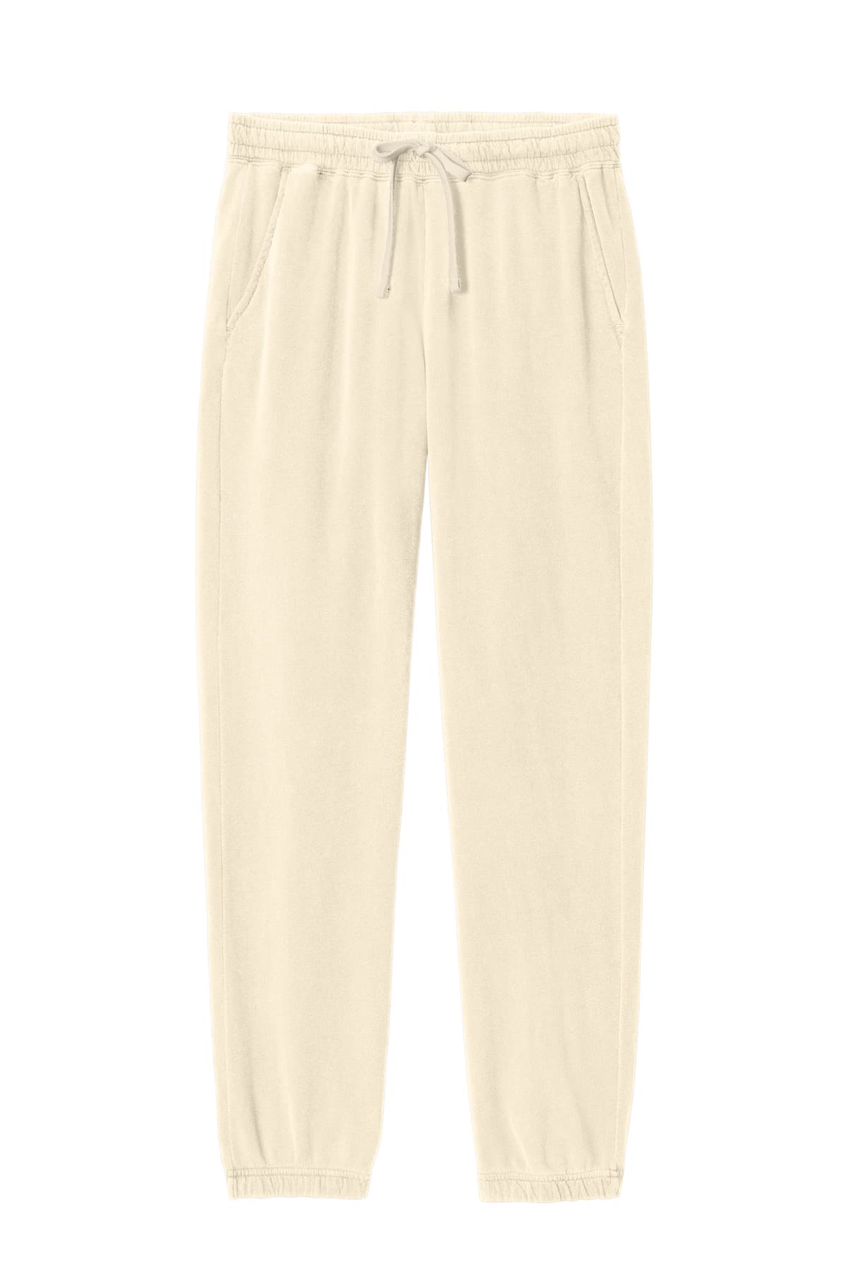 FLG Lacrosse Ivory Comfort Colors Lightweight Sweatpant, with the Love of the Game Badge — Navy design, on the left leg logo, front view