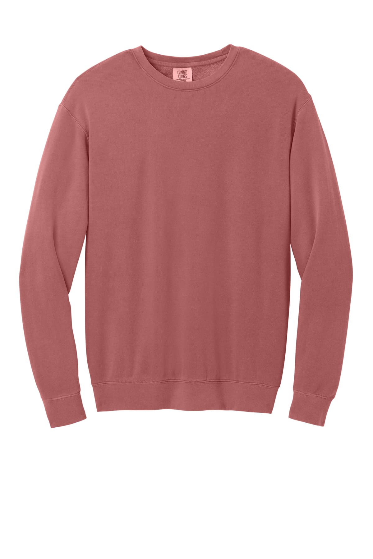FLG Lacrosse Crimson Comfort Colors Lightweight Crewneck Sweatshirt, with the Block Lacrosse Be Your R Best — Navy & Carolina design, on the full front, front view