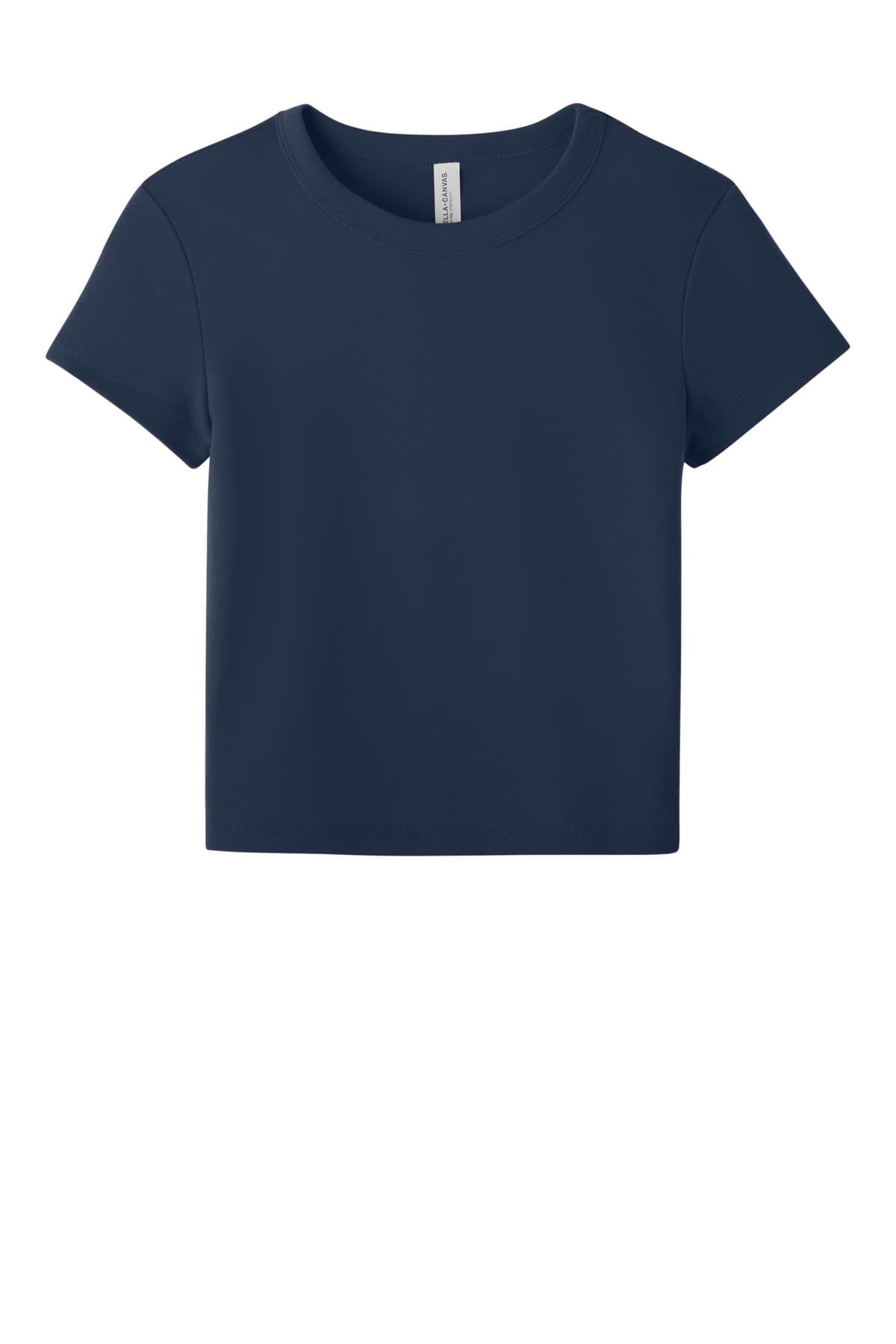 FLG Lacrosse SdNvyBlend BELLA+CANVAS Women's Micro Rib Baby Tee, with the Love of the Game Badge — Navy design, on the full chest, front view