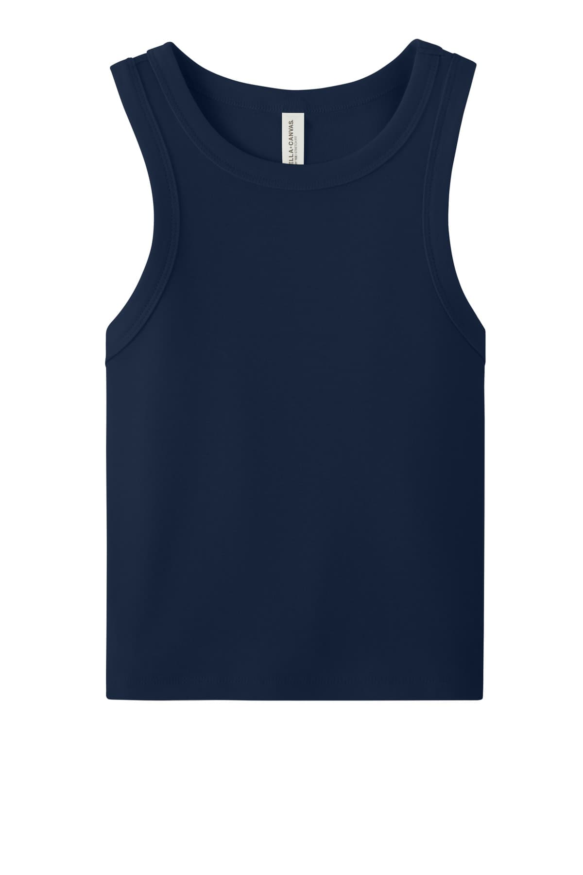 FLG Lacrosse SdNvyBlend BELLA+CANVAS Women's Micro Rib Racer Tank, with the Block Be You — Navy & White design, on the full front, front view
