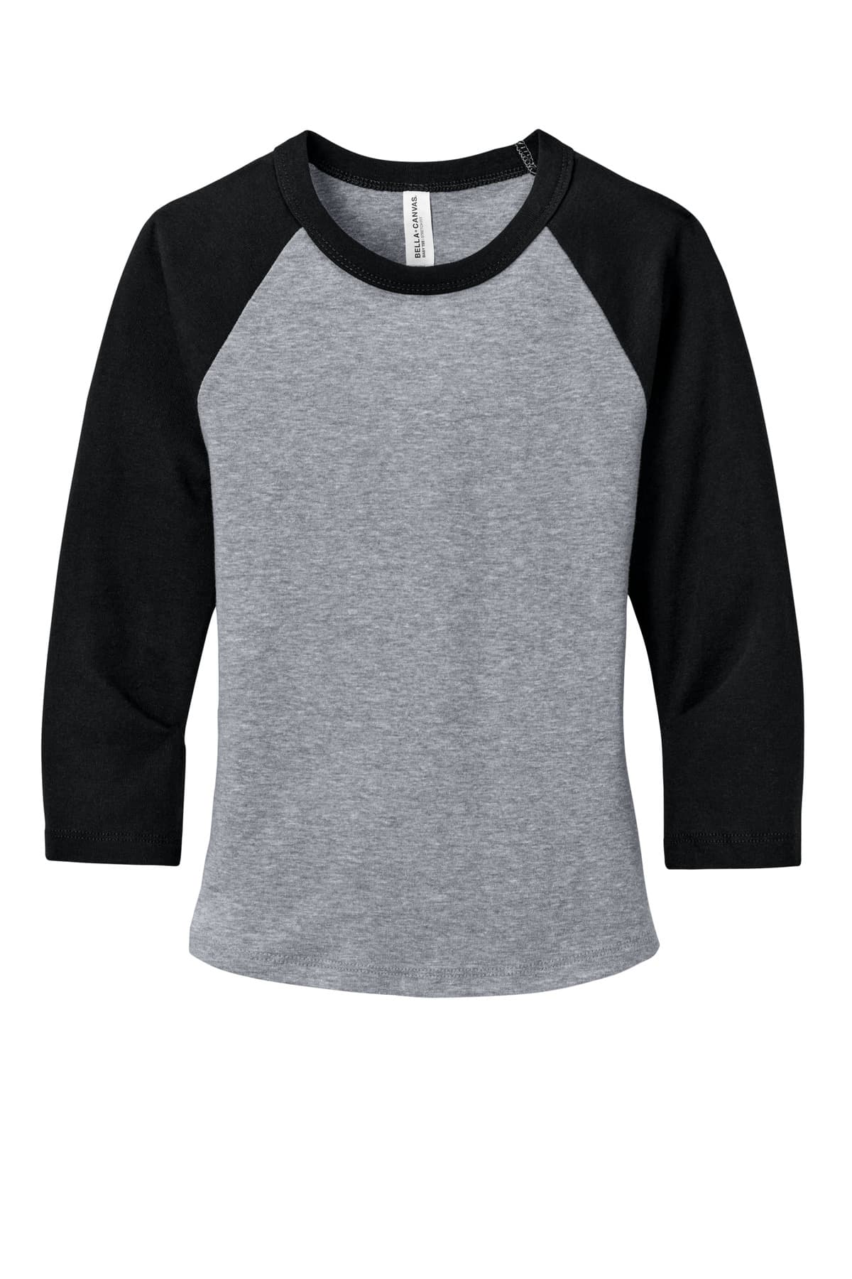FLG Navy 2031 AthHt/Blk BELLA+CANVAS Women's Micro Rib 3/4 Raglan Baby Tee, with the AAA Arched Collegiate design, on the full chest, front view