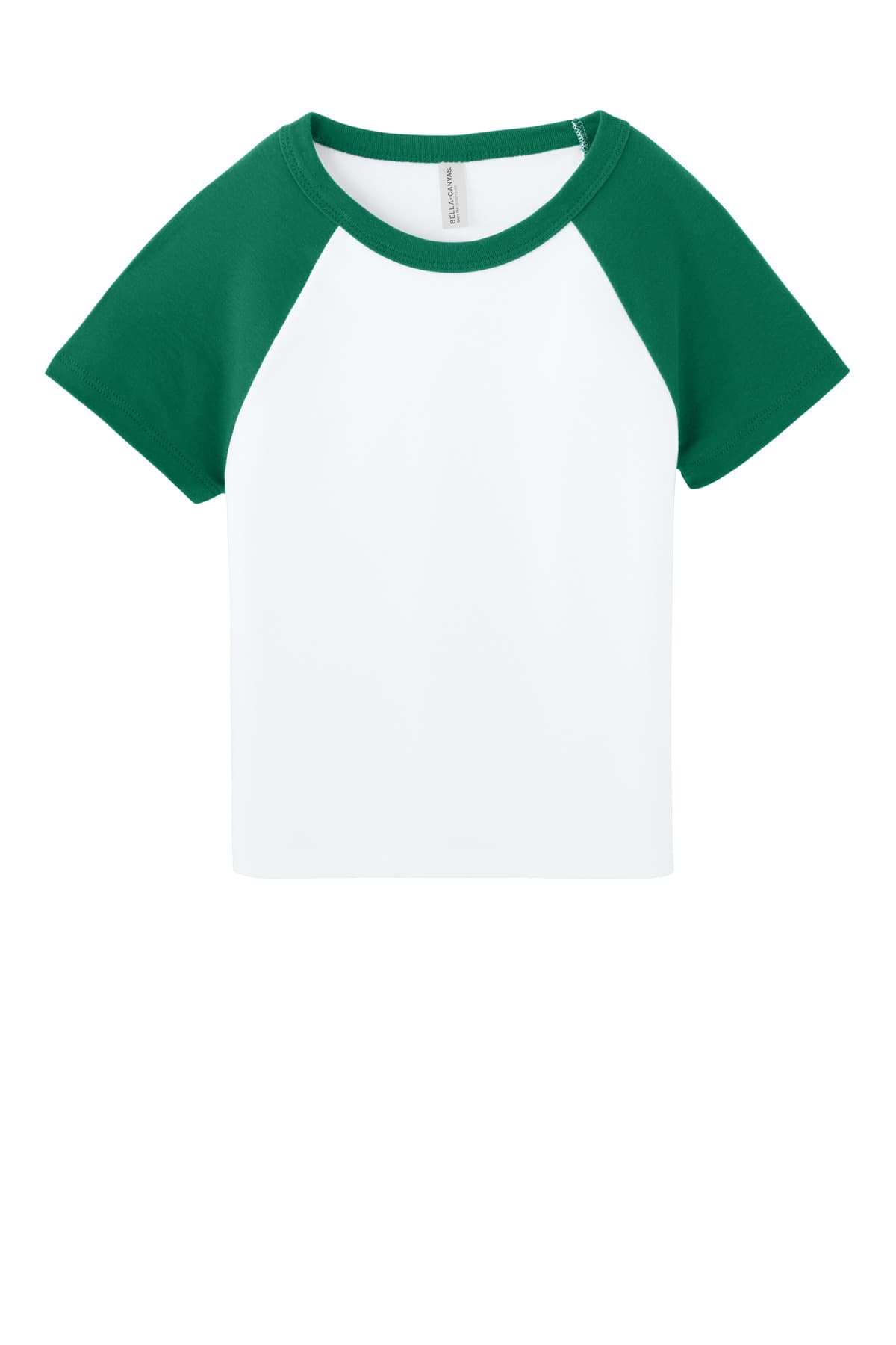 FLG Lacrosse Wht/Kelly BELLA+CANVAS Women's Micro Rib Raglan Baby Tee, with the Block Lacrosse Be Your Best — Carolina & Navy design, on the full chest, front view