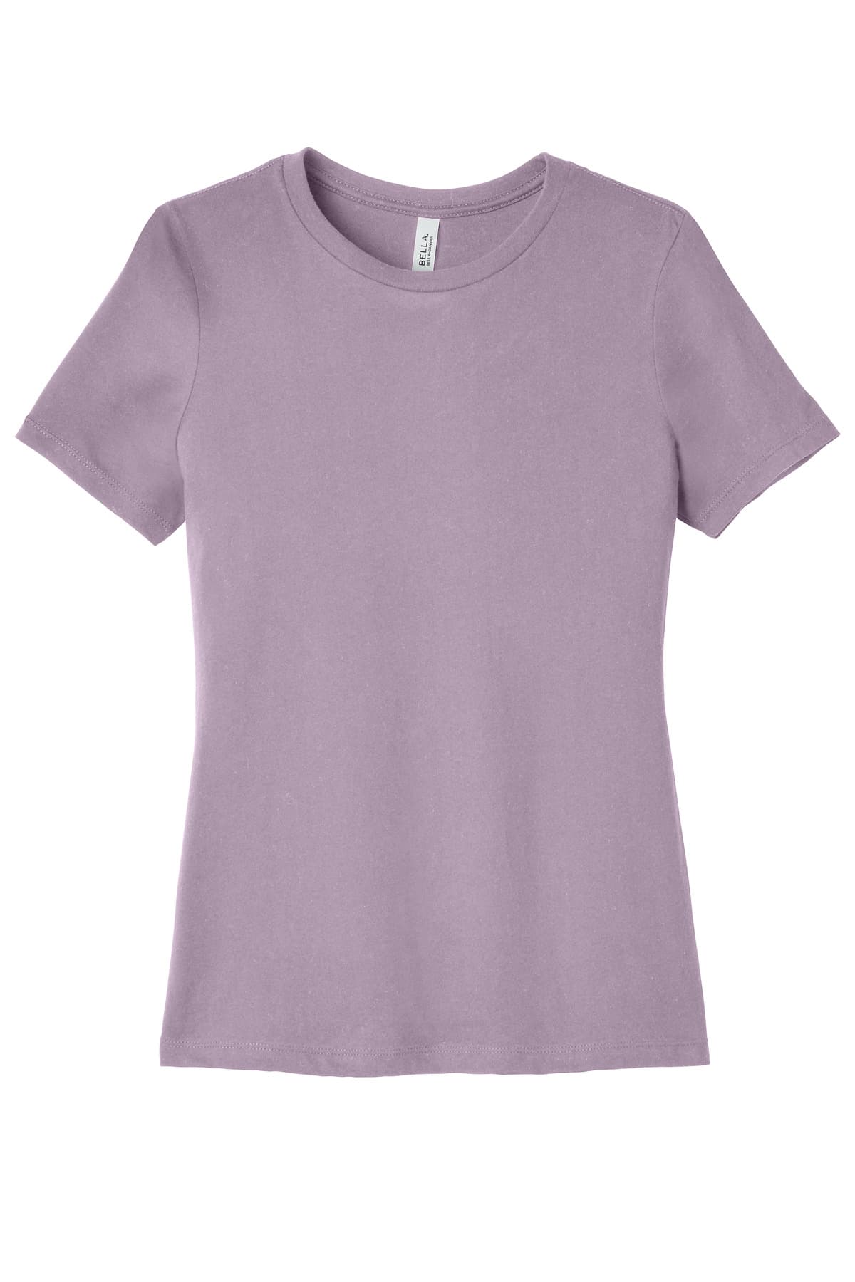 FLG Lacrosse LtViolet BELLA+CANVAS Women's Relaxed Jersey Short Sleeve Tee, with the Block Lacrosse R Best — Navy & White design, on the full chest, front view