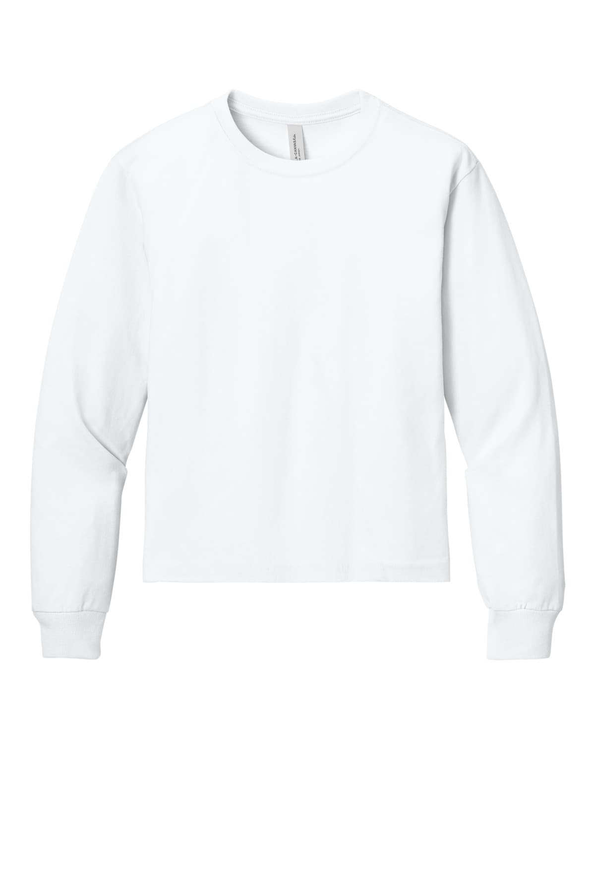 FLG Navy 2031 White BELLA+CANVAS Youth 6-Ounce Heavyweight Long Sleeve Tee, with the AAA Arched Collegiate design, on the full chest, front view