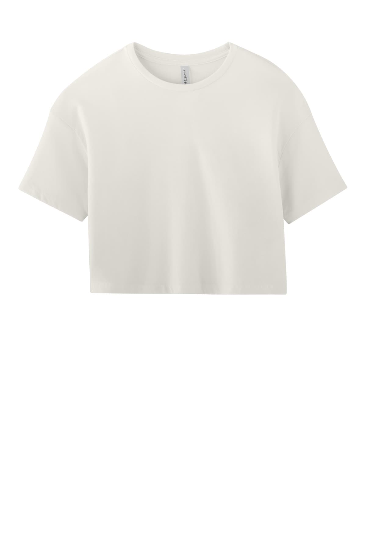 FLG Navy 2031 VtgWhite BELLA+CANVAS Women's Jersey Crop Tee, with the AAA Arched Collegiate design, on the full chest, front view