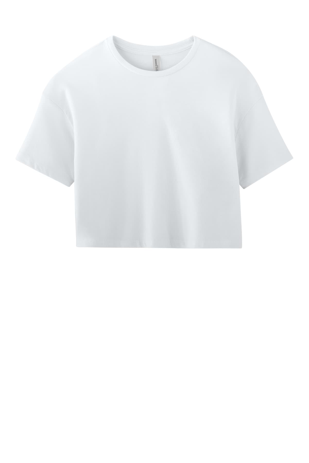 FLG Lacrosse White BELLA+CANVAS Women's Jersey Crop Tee, with the Block Lacrosse R Best — Navy & White design, on the full chest, front view