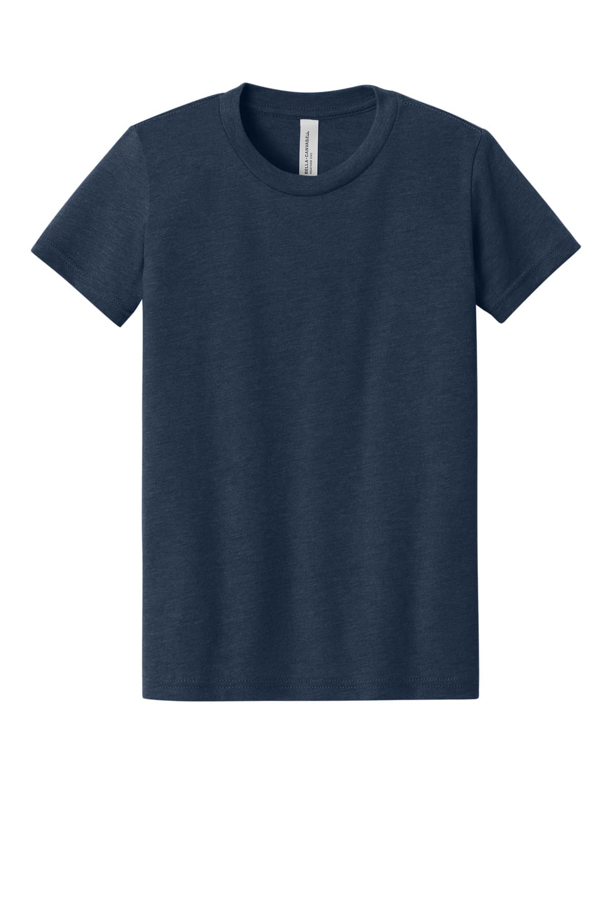 FLG Lacrosse HtMdntNavy BELLA+CANVAS Youth Heather CVC Tee, with the Block Be You — Navy & White design, on the full chest, front view