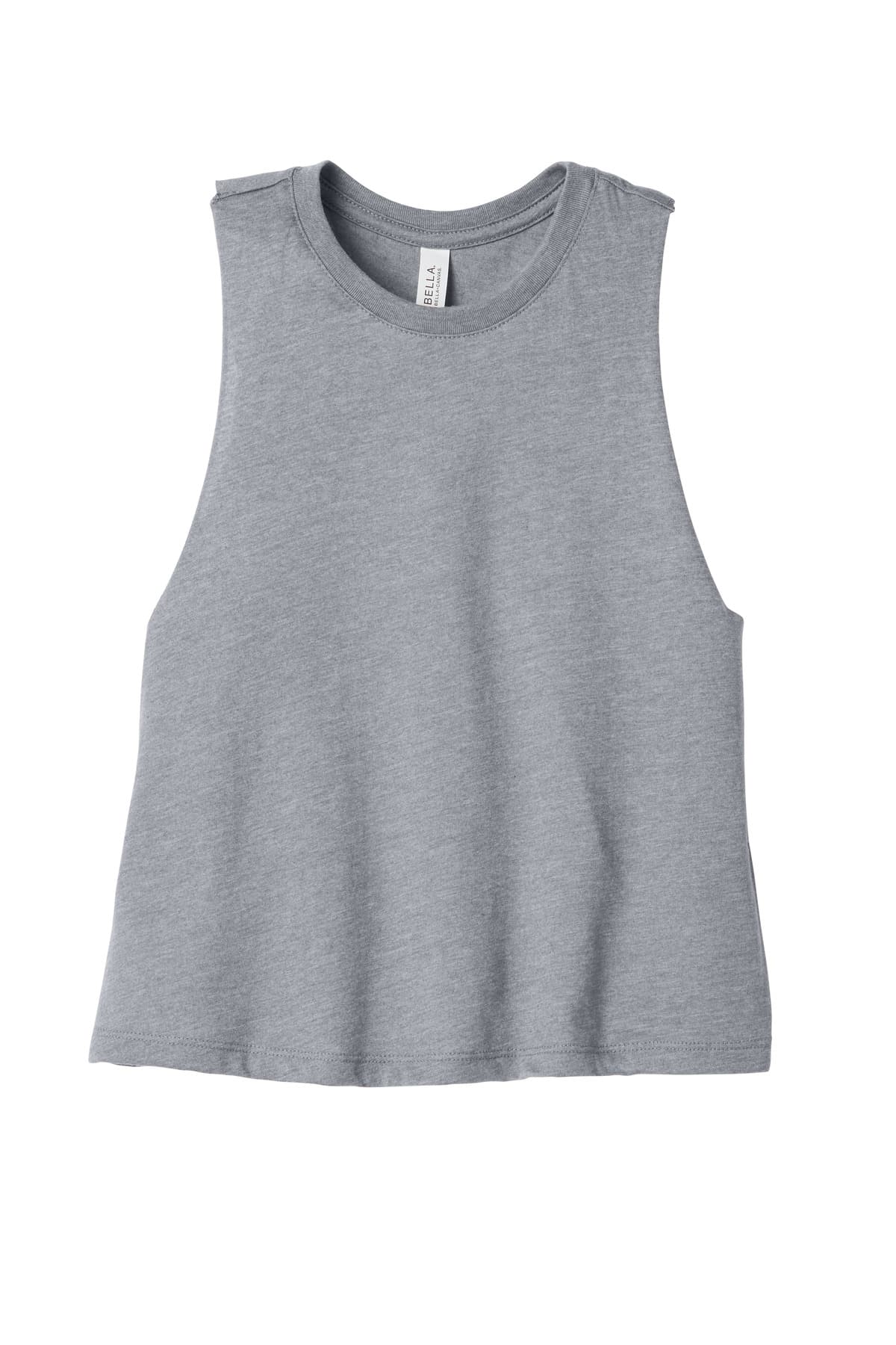 FLG Navy 2031 AthlHthr BELLA+CANVAS Women's Racerback Cropped Tank, with the AAA Arched Collegiate design, on the full front, front view