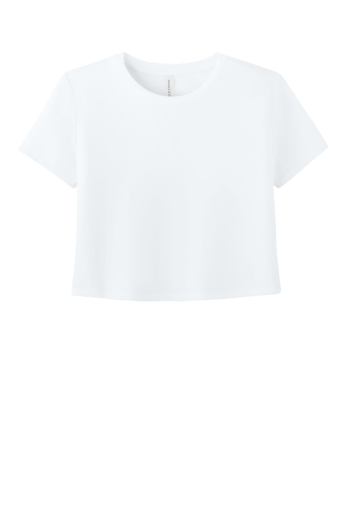 FLG Lacrosse White BELLA+CANVAS Women's Flowy Cropped Tee, with the Block Lacrosse — Carolina design, on the full chest, front view
