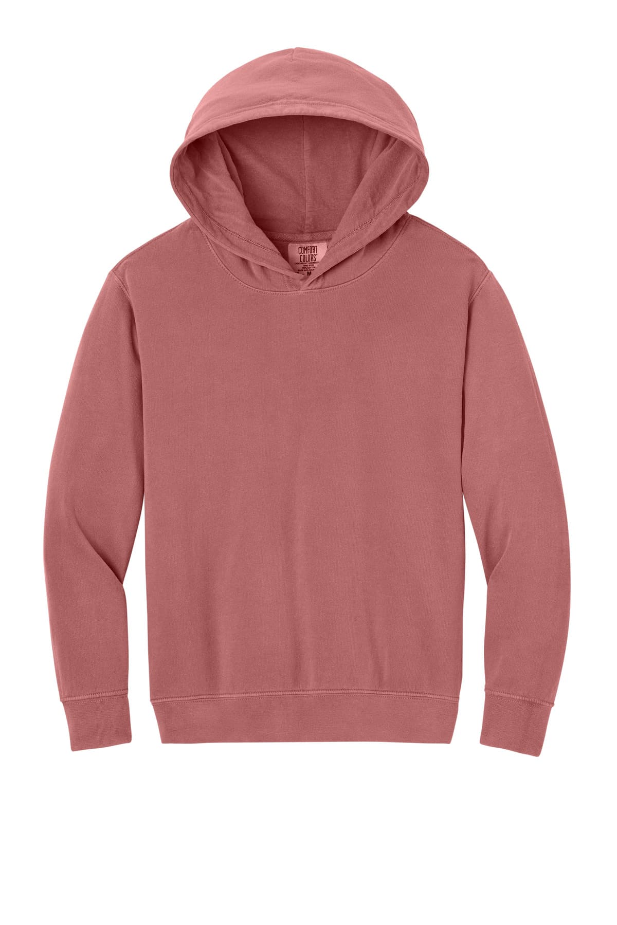 FLG Lacrosse Crimson Comfort Colors Youth Lightweight Hooded Sweatshirt, with the Script Lacrosse Be You R Best — Navy, Carolina & White design, on the full front, front view