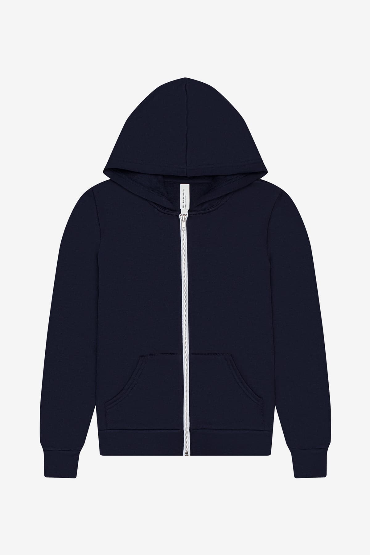 FLG Lacrosse Navy BELLA+CANVAS Youth Sponge Fleece Full-Zip Hooded Sweatshirt, with the Block Lacrosse Be You — Carolina & White design, on the pocket logo, front view