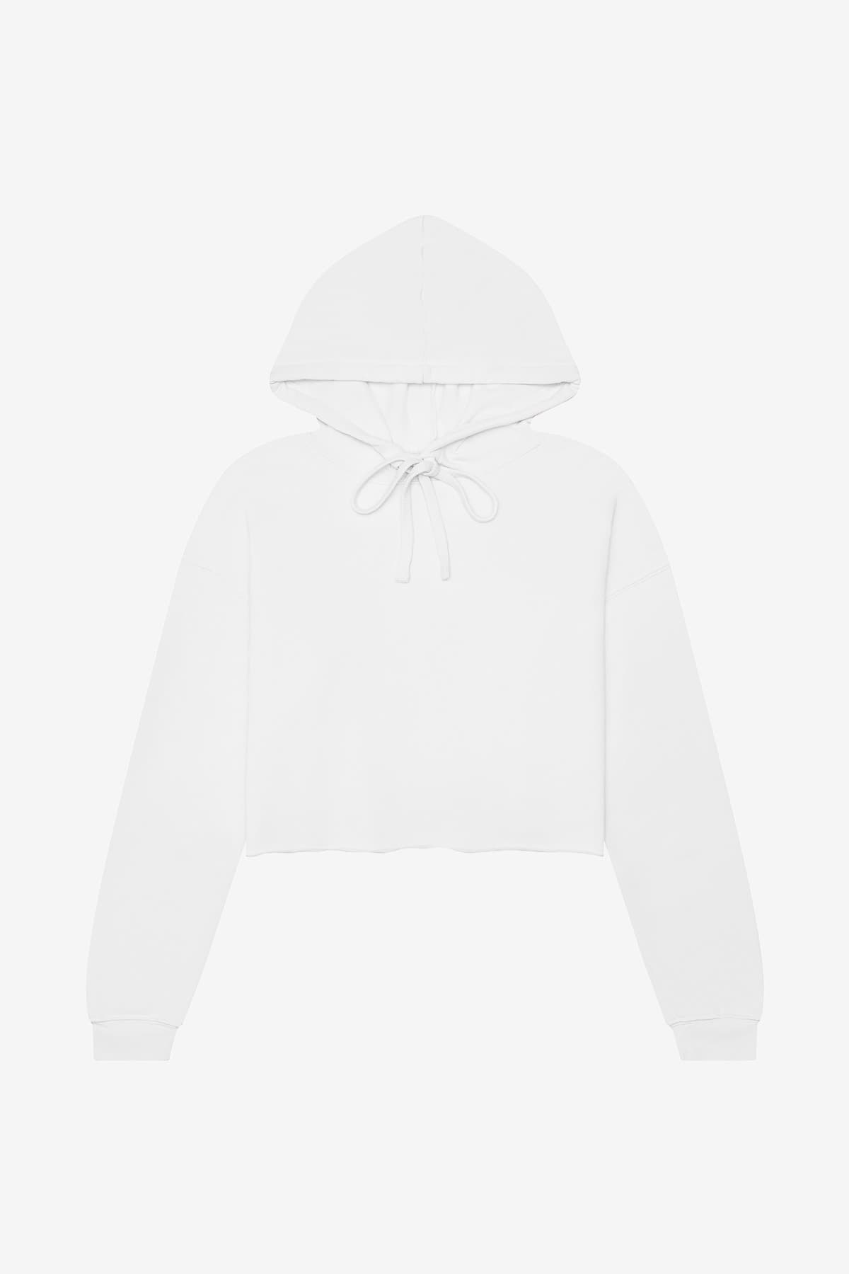 FLG Navy 2031 White BELLA+CANVAS Women's Sponge Fleece Cropped Fleece Hoodie, with the AAA Arched Collegiate design, on the full front, front view