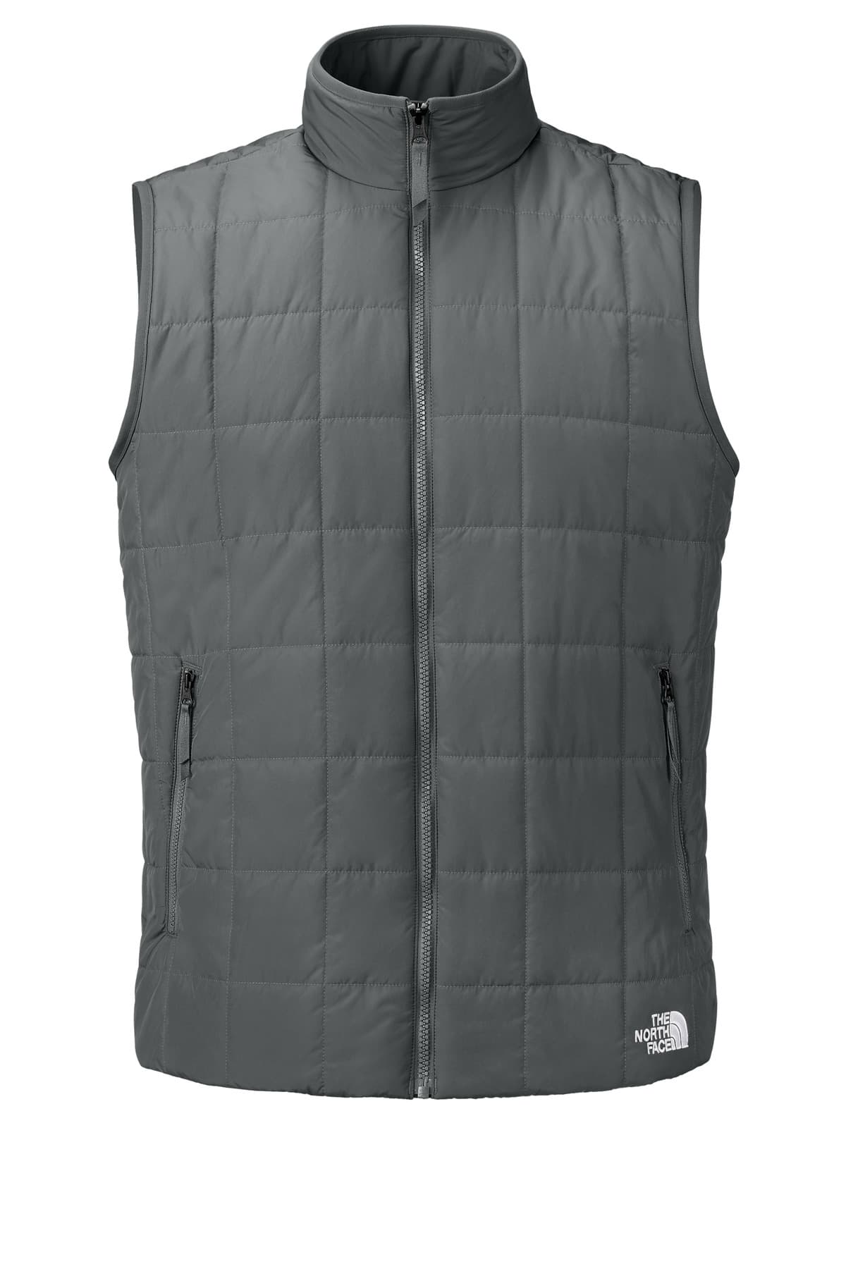 FLG Lacrosse SmokedPrGy The North Face Iron Drift Quilted Vest, with the Block Lacrosse Be Your Best Stacked — Navy & Carolina design, on the left chest, front view