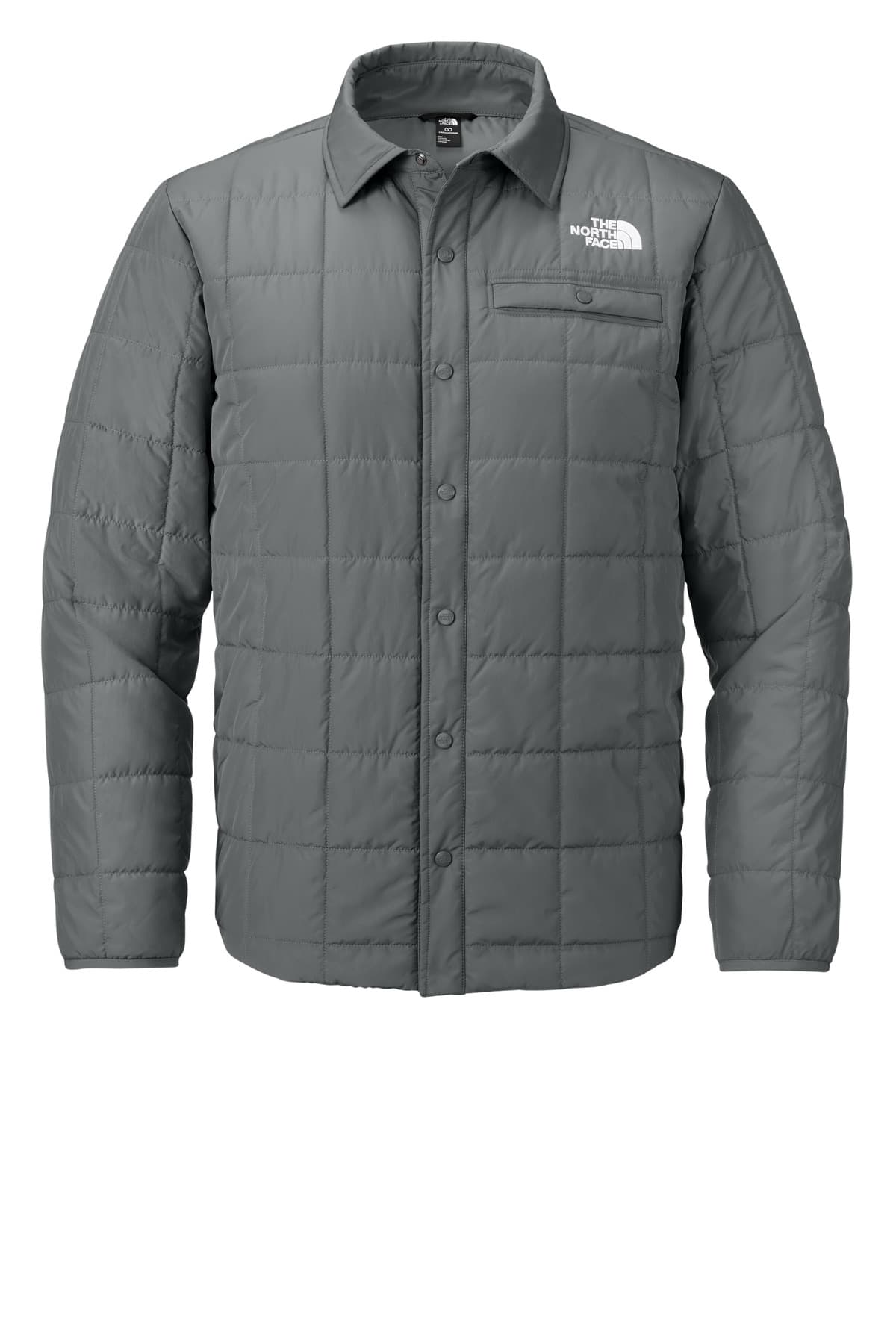 FLG Lacrosse SmokedPrGy The North Face Iron Drift Quilted Shirt Jacket, with the Block Lacrosse R Best — Navy & White design, on the left chest, front view