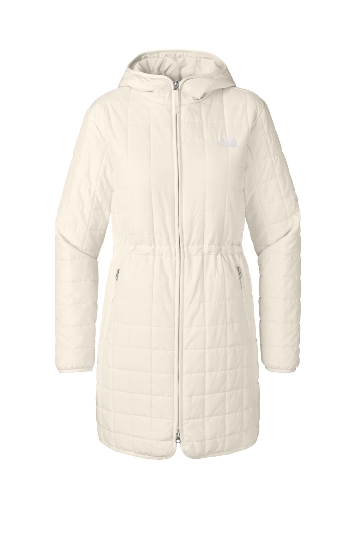FLG Lacrosse WhiteDune The North Face Women's Iron Drift Quilted Hooded Parka, with the Love of the Game Badge — Navy design, on the left chest, front view