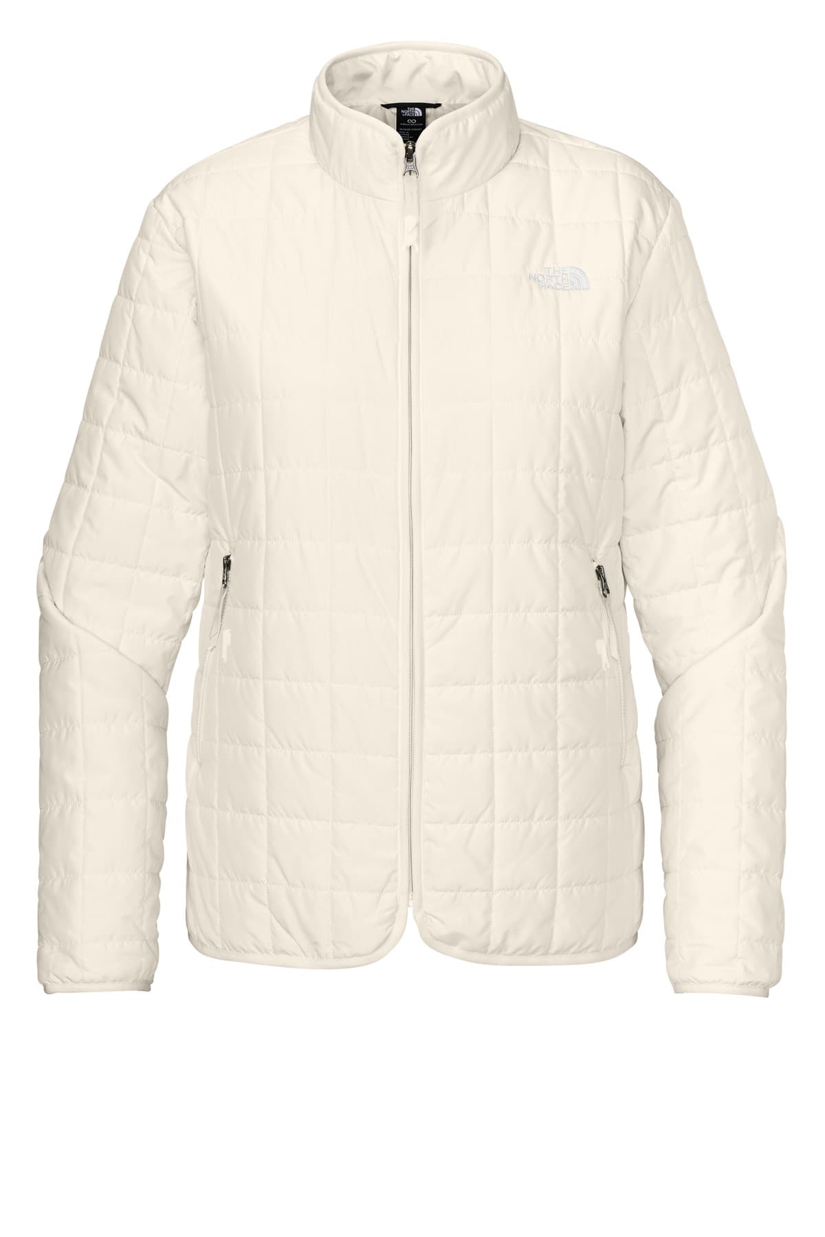 FLG Lacrosse WhiteDune The North Face Women's Iron Drift Quilted Jacket, with the Love of the Game Circle Badge Full Color design, on the left chest, front view