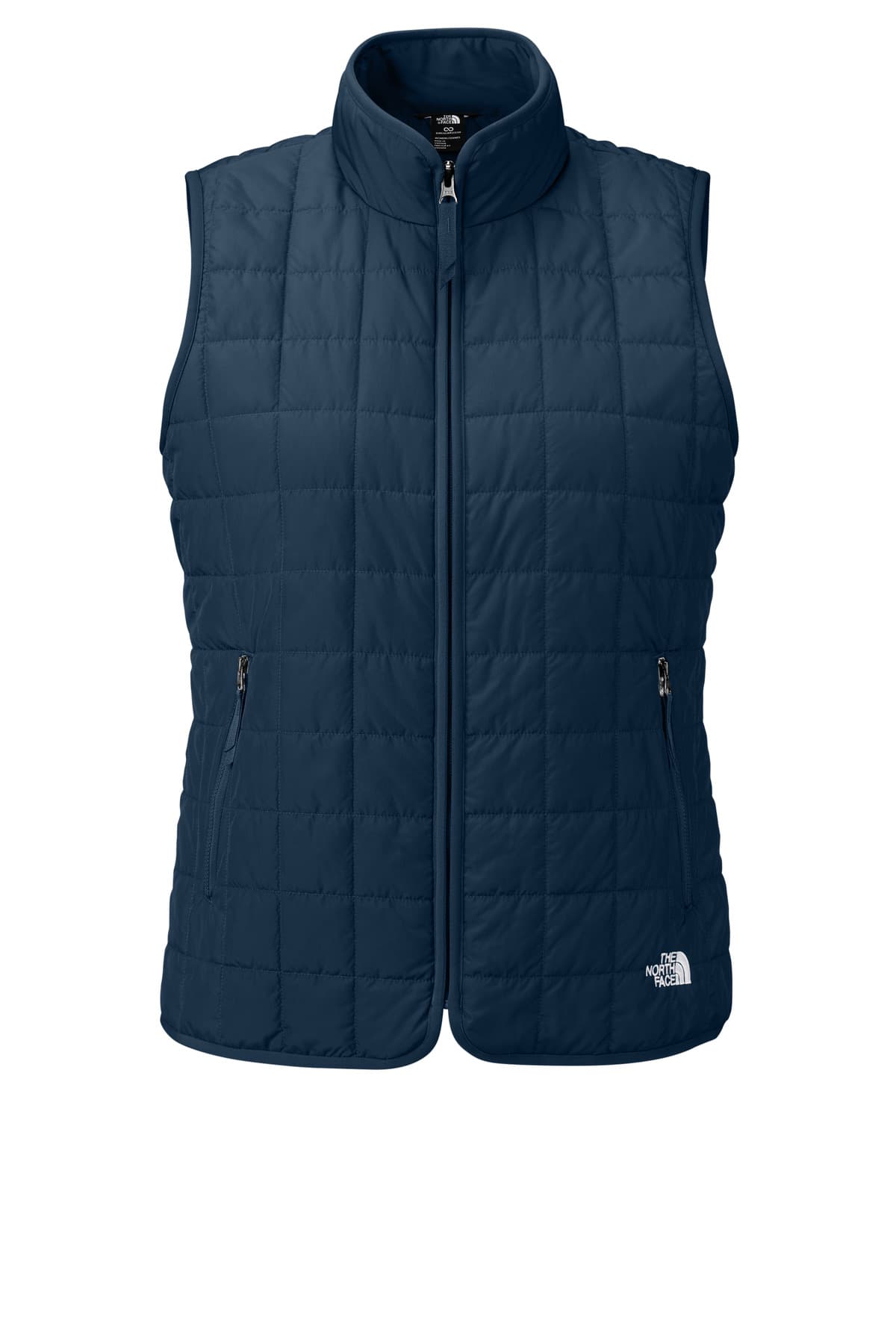 FLG Lacrosse SummitNavy The North Face Women's Iron Drift Quilted Vest, with the Block Be You — Navy & White design, on the left chest, front view