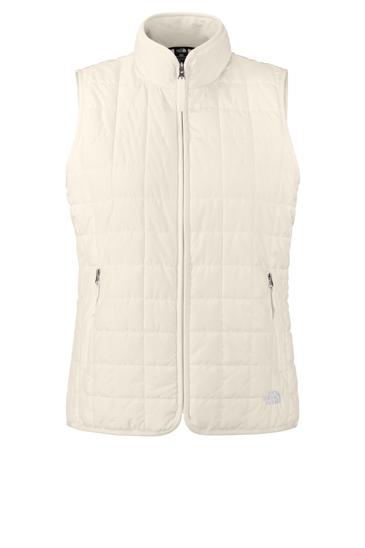 FLG Navy 2031 WhiteDune The North Face Women's Iron Drift Quilted Vest, with the AAA Arched Collegiate design, front view